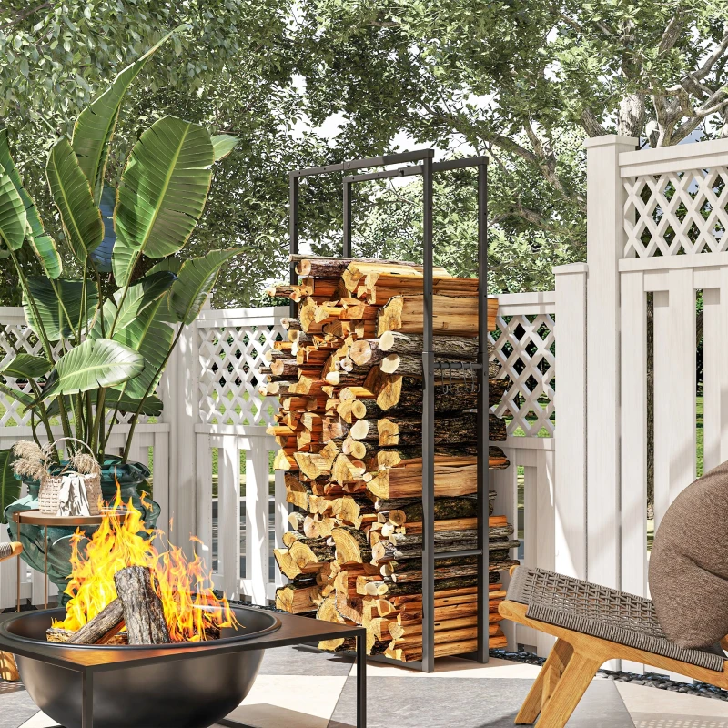 Outsunny Adjustable Firewood Log Rack Heavy-Duty Steel Log Holder for Outdoor Indoor Use, 25.6" x 9.8" x 59.1", Black
