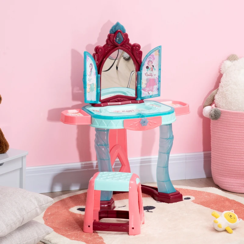 Qaba Kids Vanity Set with Self-Opening Magic Mirror, Princess Makeup Vanity Table Set with Music, Tabletop with Lights, Imaginative Toy for 3-6 Years Old Child