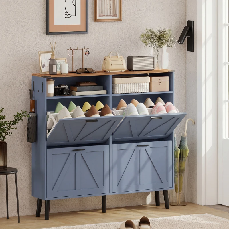 HOMCOM Shoe Storage Cabinet with 4 Flip Drawers, Farmhouse Narrow Shoe Cabinet, Holds Up to 24 Pairs, Blue