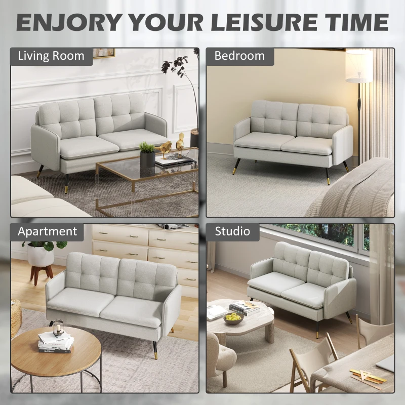HOMCOM 55" Loveseat Sofa, Linen Love Seat w/ S spring, Steel Legs and Button Tufting, Small Couch for Living Room, Cream White