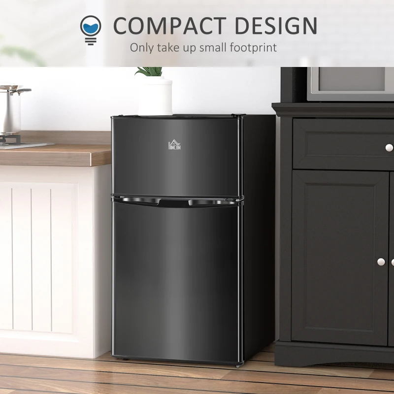 HOMCOM 3.2 Cu Ft Compact Refrigerator, Mini Fridge with Freezer, Adjustable Shelves and Reversible Doors for Bedroom, Black