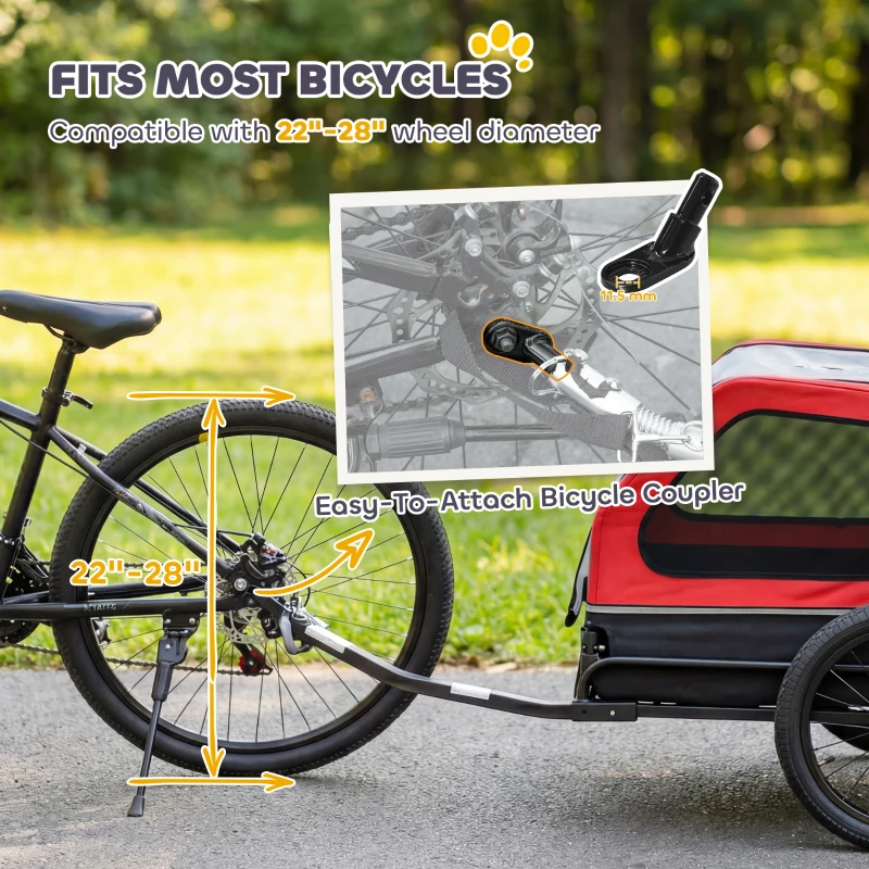 PawHut Dog Bike Trailer for Small & Medium Dogs, Universal Bicycle Coupler, Flip-Down Ramp Tailgate, Red