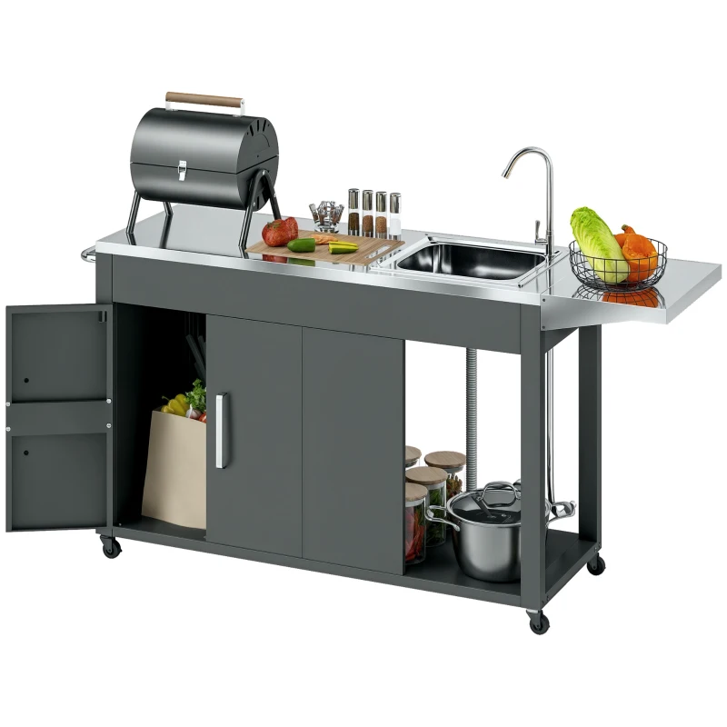 Outsunny Outdoor Grill Table with Stainless Steel Sink and Drainage, Grill Cart with Foldable Side Table and Cabinet, Outdoor Kitchen Island with Wheels, Dark Gray