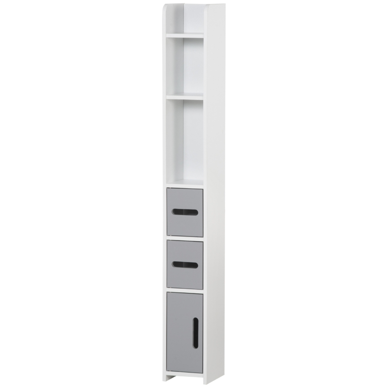 kleankin Freestanding Tall Bathroom Cabinet, Narrow Bathroom Storage Cabinet with Shelves and Cupboards, Grey and White