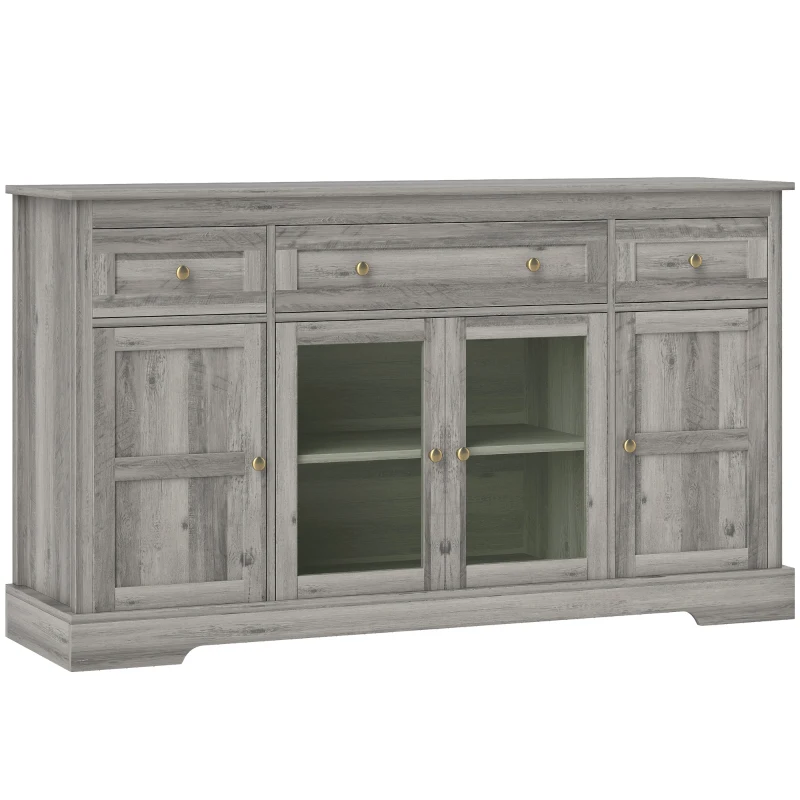 HOMCOM Dining Room Sideboard Buffet Cabinet with Storage, Coffee Bar Cabinet with Glass Doors and Adjustable Shelves, Weathered Grey Oak
