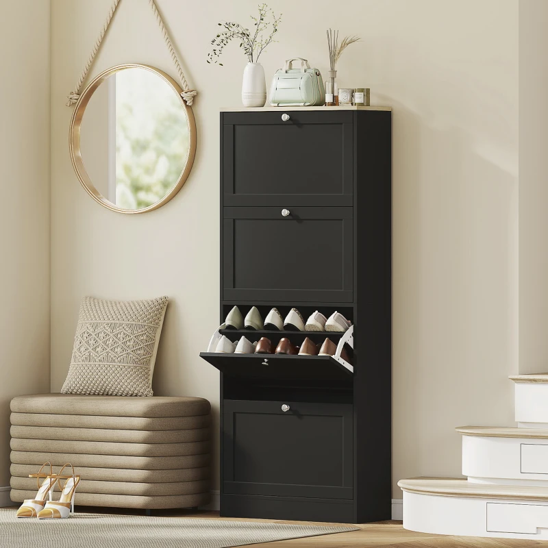 HOMCOM Modern Shoe Storage Cabinet with 4 Flip Drawers and Adjustable Shelves, Shoe Cabinet for 18-24 Pairs of Shoes, Black