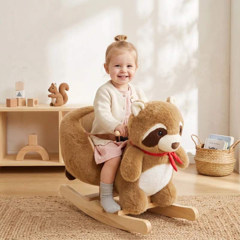 Qaba Raccoon Baby Rocking Horse, Kids Plush Ride-On Toy with Realistic Sounds and Safety Belt, Brown