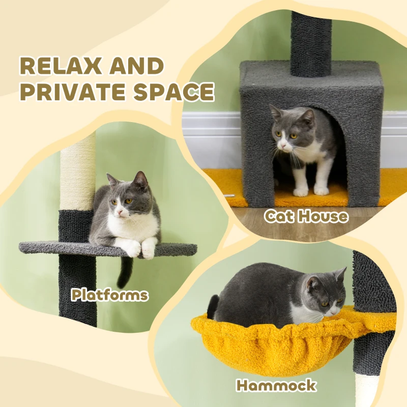 PawHut Floor to Ceiling Cat TreeTower with 90.5"-108" Adjustable Height, Scratching Posts, Hammock, Condo, Toy Ball, Dark Grey