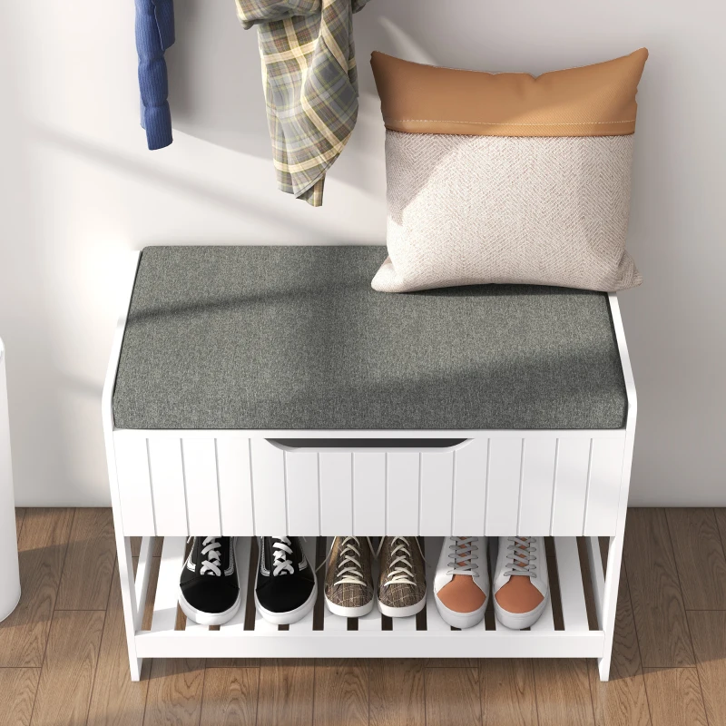 HOMCOM Wall Mounted Coat Rack with Shoe Storage Bench, Hall Tree and Bench, Clothes Hanger Rack with Shelves for Hallway White