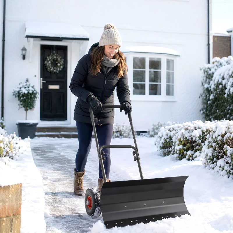 Outsunny Snow Shovel with Wheels, 29" x 16.5" Metal Snow Pusher with Adjustable Handle, 5-Angle Blade for Driveway, Black