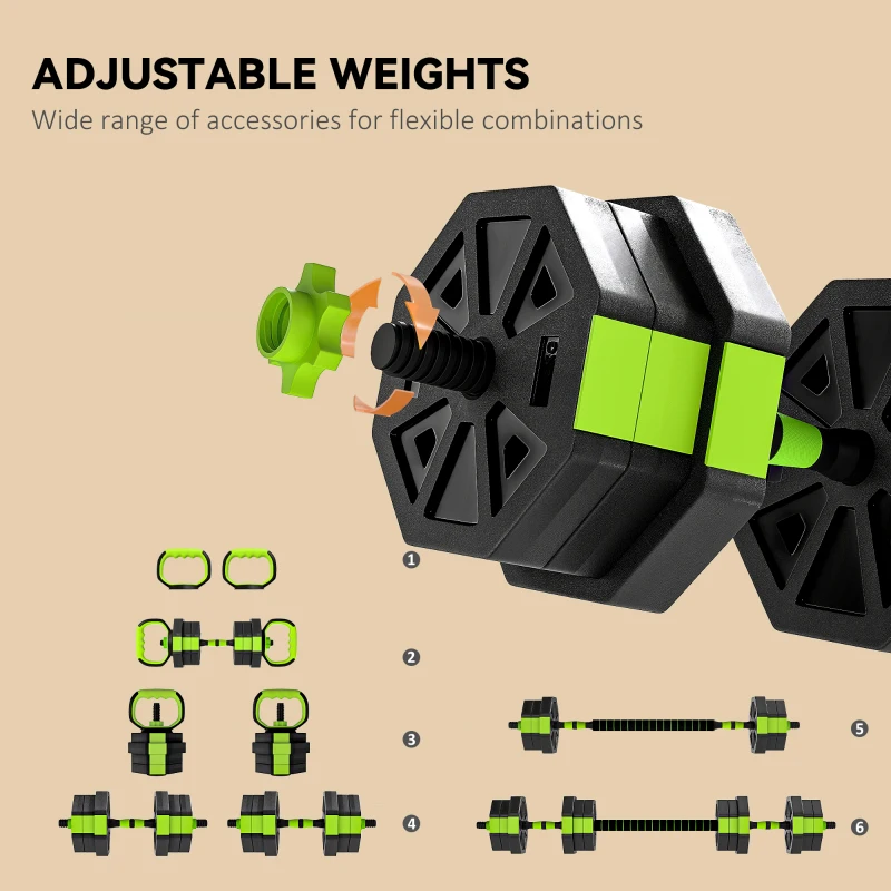 Soozier 6-in-1 Adjustable Dumbbell Set, Used as Kettlebell, Barbell, Dumbbell, Push-Up Stand, 44lbs Free Weights Set, Green