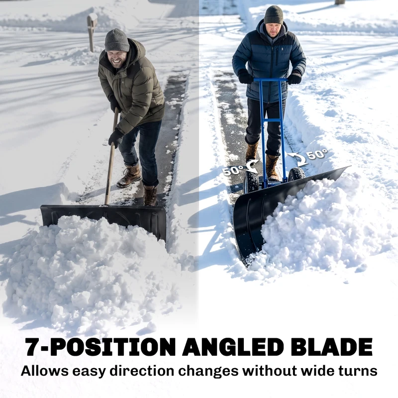 Outsunny Snow Shovel with Wheels, 29" Metal Snow Pusher with Adjustable Handle, 7-Angle Blade, Wear Strip for Driveway, Blue