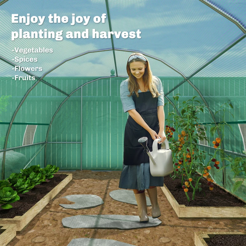 Outsunny 26' x 10' x 6.6' Walk-in Tunnel Hoop Greenhouse, PE Cover, Steel Frame, Roll-Up Zipper Door & 12 Mesh Windows for Flowers, Vegetables, Tropical Plants, Light Green