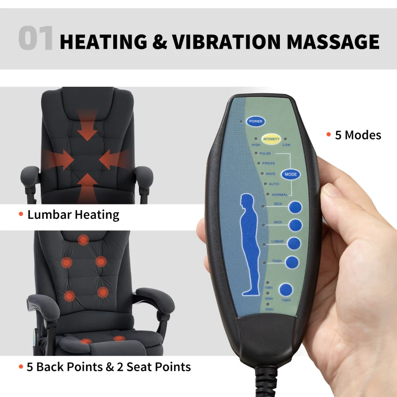 Vinsetto 7-Point Vibrating Massage Chair, Reclining Office Chair with Footrest, Reclining Back, Adjustable Height, Black