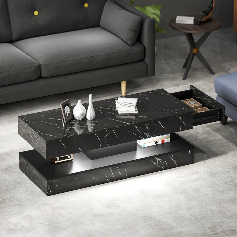 HOMCOM Coffee Table with Adjustable LED Lights, Center Table with 2 Drawers, Open Shelf, Remote, High Gloss Marble-Effect Black