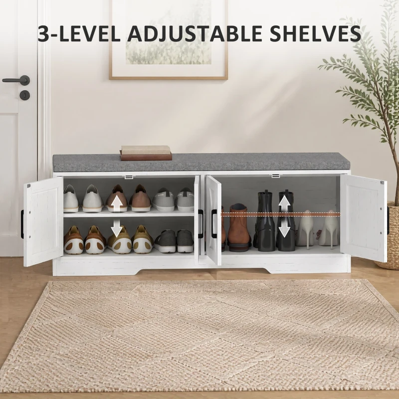 HOMCOM Shoe Bench with Cushion Shoe Storage Bench with Doors Adjustable Shelves for Entryway, White