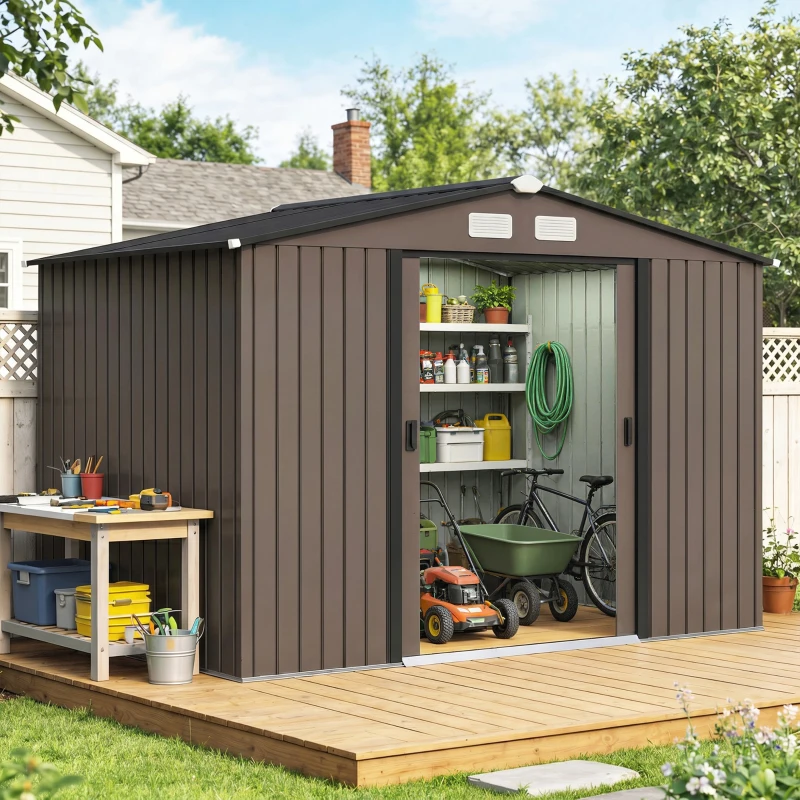 Outsunny Outdoor Shed Garden Storage Shed Tool Storage Building with 4 Vents and 2 Sliding Doors, 9 x 6 FT, Brown