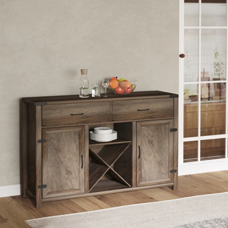 HOMCOM Farmhouse Coffee Bar Cabinet, Sideboard Buffet Cabinet Wine Cabinet with Drawers, Barn Style Doors, Wine Rack, Distressed Oak Brown