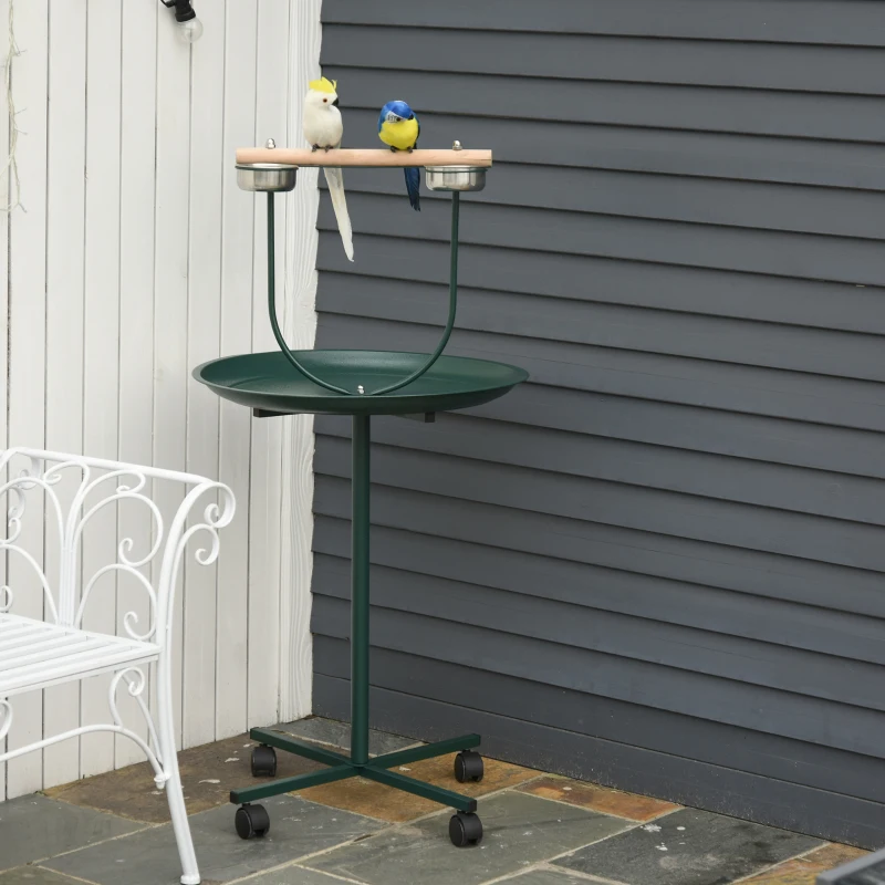 PawHut 48" Rolling T-Stand, Parrot Stand, Bird Training Activity Playground With Wheels and Perch,, Bird Play Perch, Green