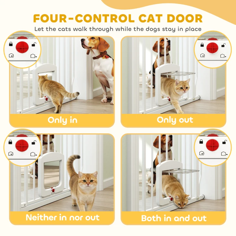 PawHut 29.5-33.5" Adjustable Dog Gate with Cat Door, Easy Install Pressure/Hardware Mounted Pet Gate for Doorways, White
