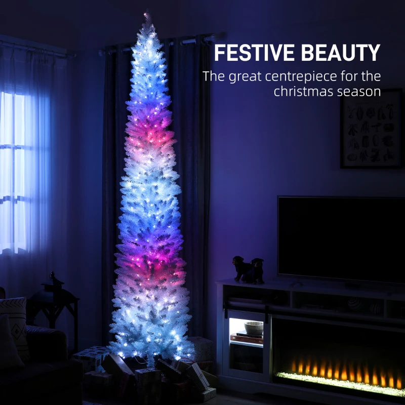 HOMCOM 9ft Christmas Tree with Colourful DIY Synchronized LEDs, Hinged Pencil Xmas Tree with Remote, Daily Timer, White