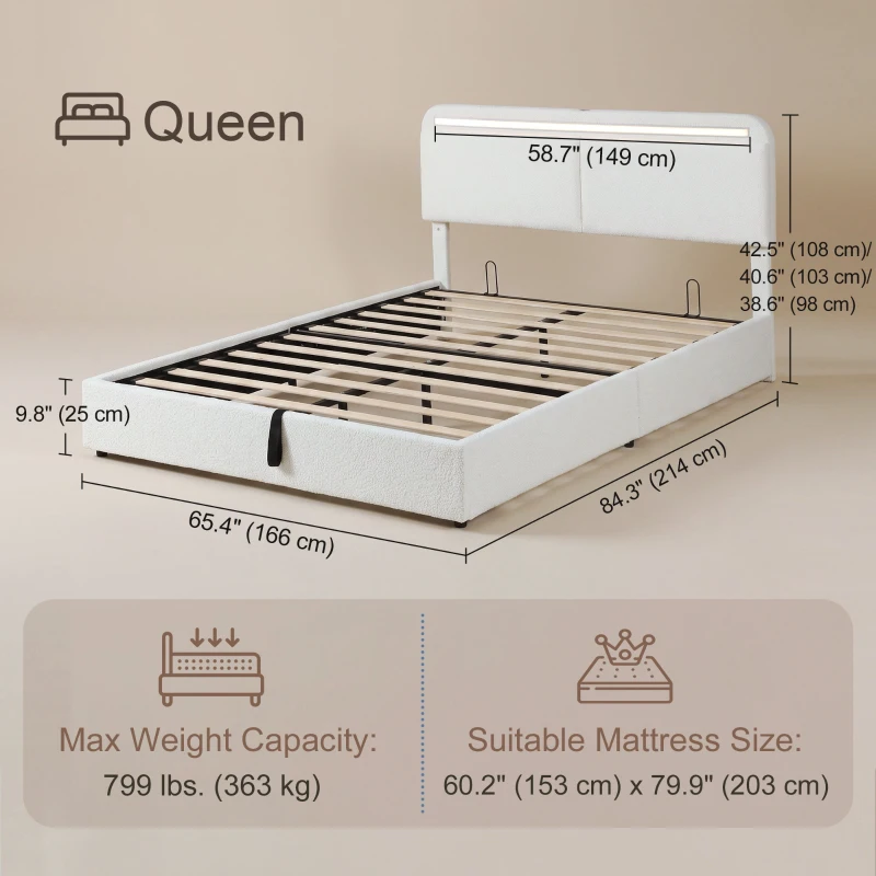 HOMCOM Queen Size Bed Frame with Charging Station, LED Lights, Adjustable Headboard, Upholstered Platform Bed Frame White