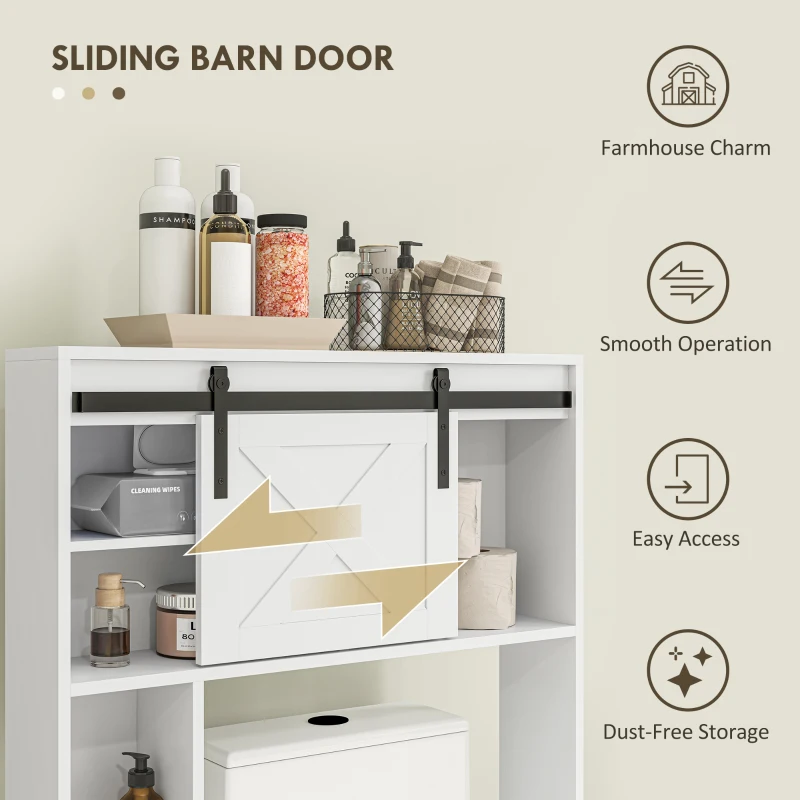 HOMCOM Over-Over The Toilet Storage Shelf with Sliding Barn Door, Bathroom Cabinet with Compartments & Adjustable Shelf, White