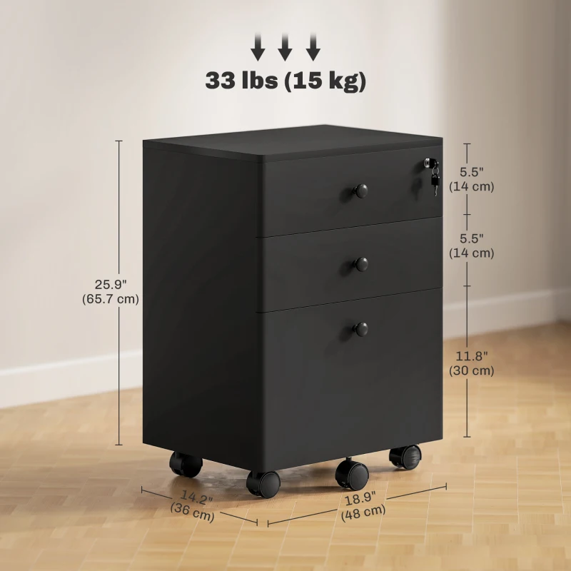 HOMCOM 3-Drawer Small Filing Cabinet with Lock, Vertical Office Storage Cabinet with Wheels for Home Office, Black
