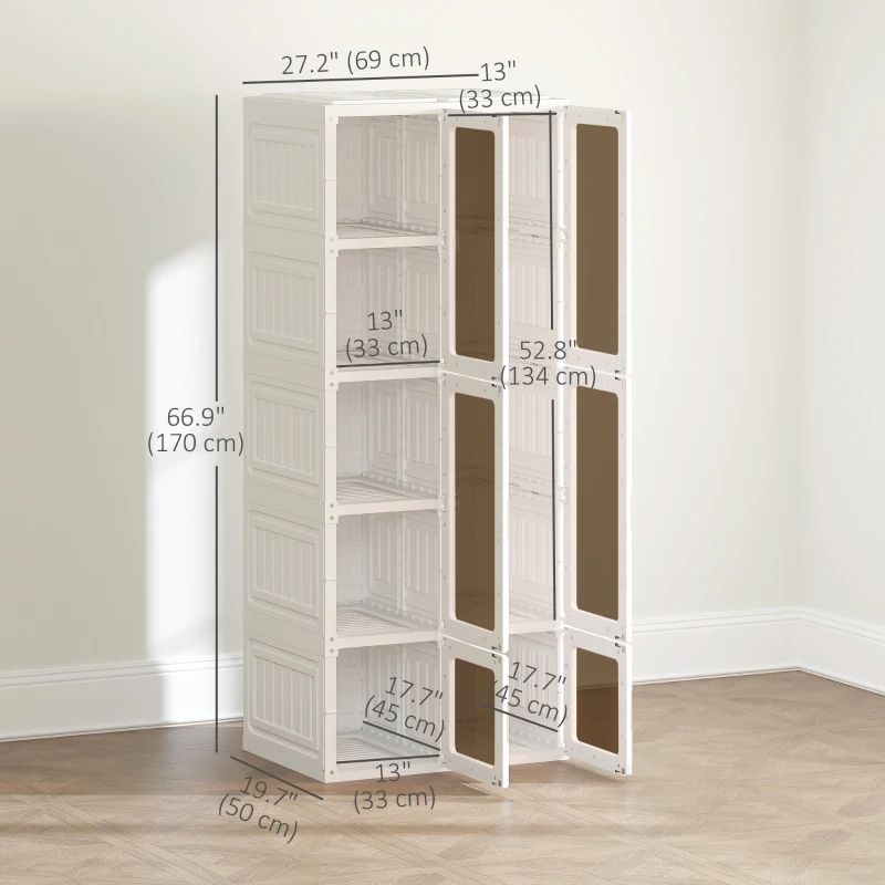 HOMCOM Portable Wardrobe, Foldable Plastic Closet with 6 Compartments, Hanging Rod and Magnetic Doors, White