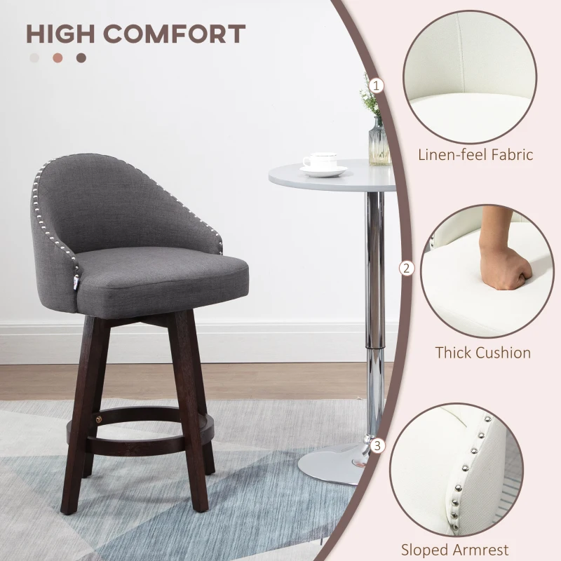 HOMCOM 26" Counter Height Bar Stools, Linen Fabric Kitchen Stools with Nailhead Trim, Rubber Wood Legs and Footrest for Dining Room, Counter, Pub, Set of 4, Dark Gray