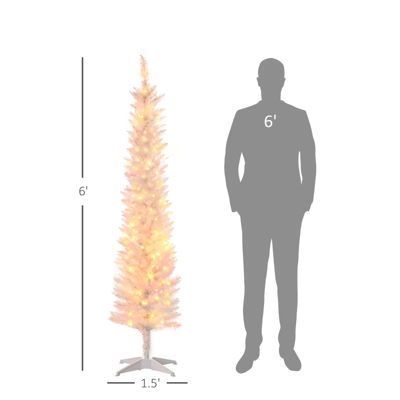 HOMCOM 6' Prelit Christmas Trees, Pencil Artificial Christmas Tree with Colorful Surface Branches, Colorful LED Lights, White