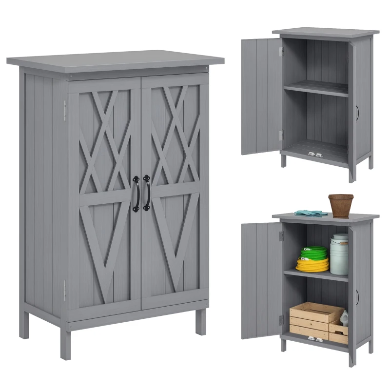 Outsunny Outdoor Storage Cabinet, Wooden Garden Storage Shed with 2-Tier Shelves, Metal Tabletop and Magnetic Doors, Grey