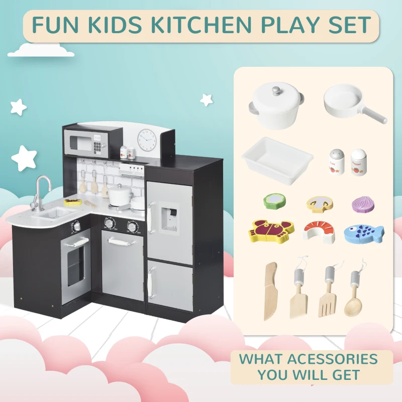 Qaba Corner Kids Kitchen Playset, Wooden Pretend Toy Kitchen Set with Drinking Fountain, Microwave, Fridge and Accessories, Pretend Play Kitchen for 3+ Years, Black