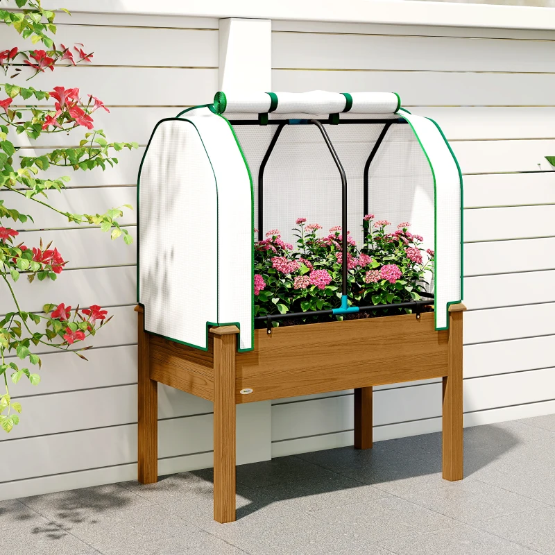 Outsunny Raised Garden Bed with PE Greenhouse Cover Outdoor Planter Box for Herbs and Vegetables, 35 x 22 x 47 inch, Brown