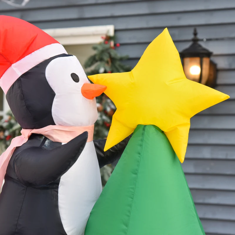 HOMCOM 6ft Inflatable Christmas Tree Decorations with Santa and Penguin, Outdoor Blow-Up Yard Christmas Decor with LED Lights Display