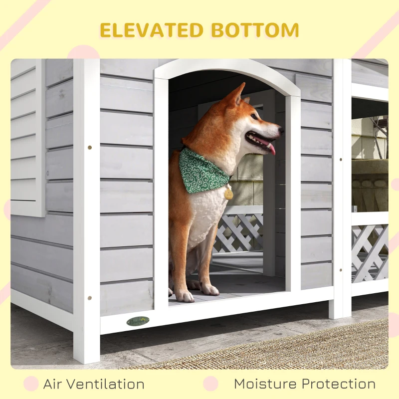 PawHut Wooden Dog House Outdoor with Porch, Cabin Style Raised Dog Shelter with Asphalt Roof, Doors, and Shutter Window, for Medium Large Sized Dog, Light Gray