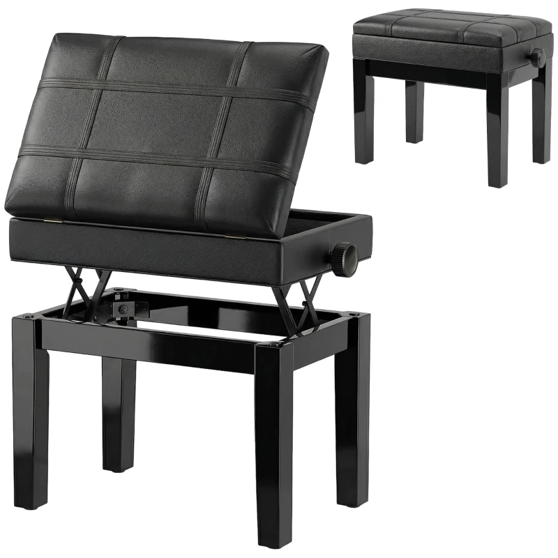 HOMCOM Faux Leather Keyboard Bench, 24.8" Adjustable Piano Bench with Padded Cushion and Storage, Black