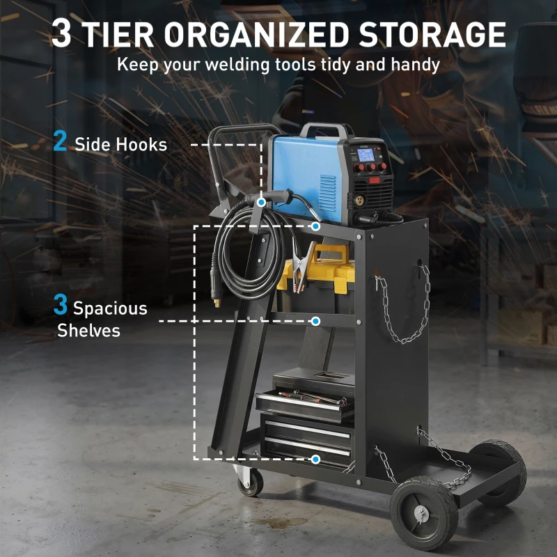 HOMCOM Welding Utility Cart 3-Tier Heavy Duty Rolling Tool Cart with Gas Cylinder Holder Black