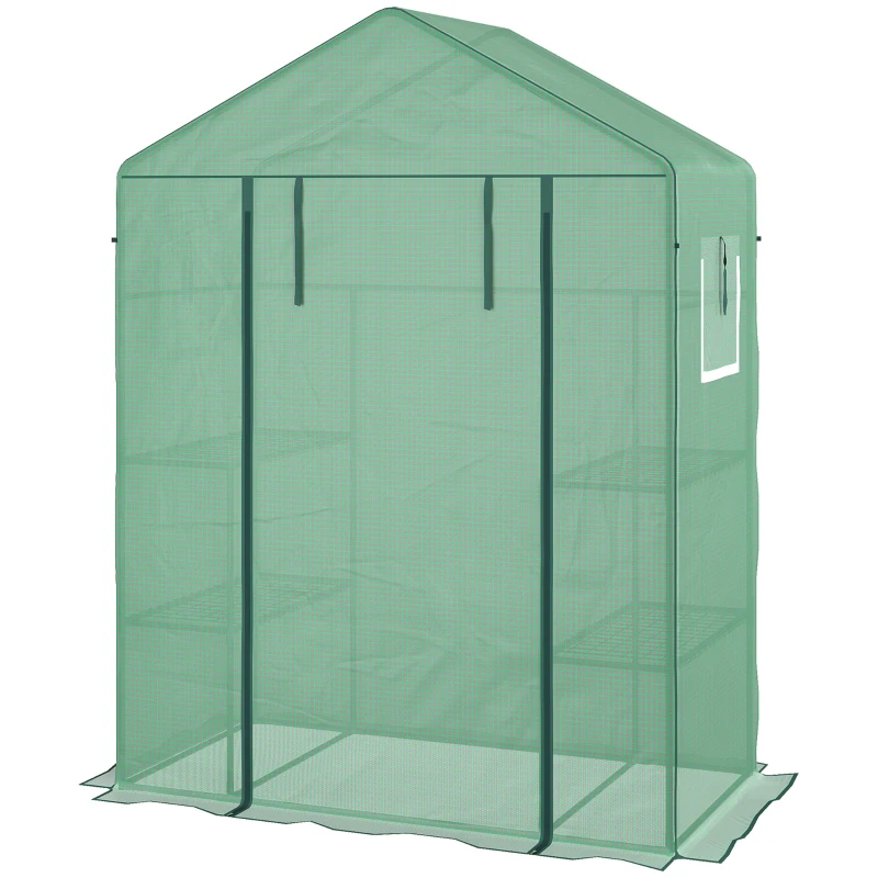Outsunny Walk-in Mini Greenhouse with Mesh Door & Windows, Portable Garden Green House with 3 Tier Shelves, Green