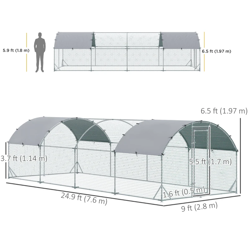 PawHut Galvanized Large Metal Chicken Coop Cage Walk-in Enclosure Poultry Hen Run House Playpen Rabbit Hutch with Cover for Outdoor Backyard 9.2' x 24.9' x 6.5' Silver