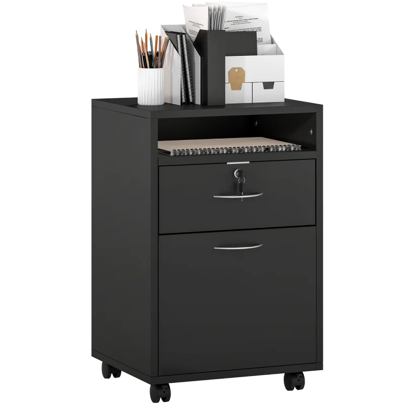 HOMCOM 24" Small Filing Cabinet with Open Compartment, Drawer and Wheels, Home Office Storage Cabinet, Black