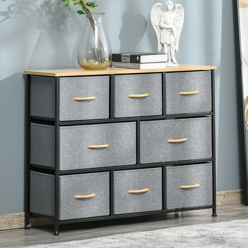 HOMCOM 8-Drawer Dresser, 3-Tier Fabric Chest of Drawers, Storage Tower Organizer Unit with Steel Frame for Bedroom, Hallway, Light Gray