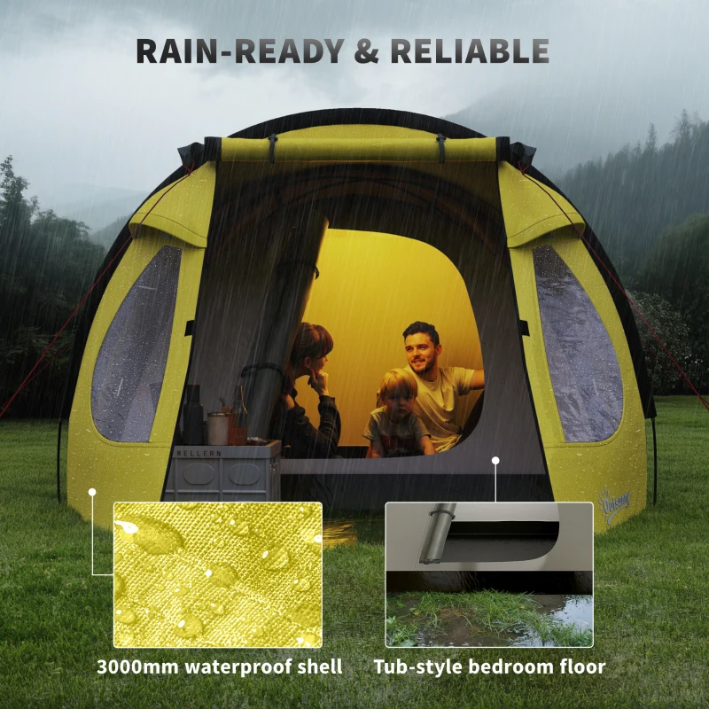 Outsunny 2-3 Person Camping Tent, Easy Set Up Dome Tent with Porch, Family Tent with Bedroom and Sewn-in Groundsheet, Yellow
