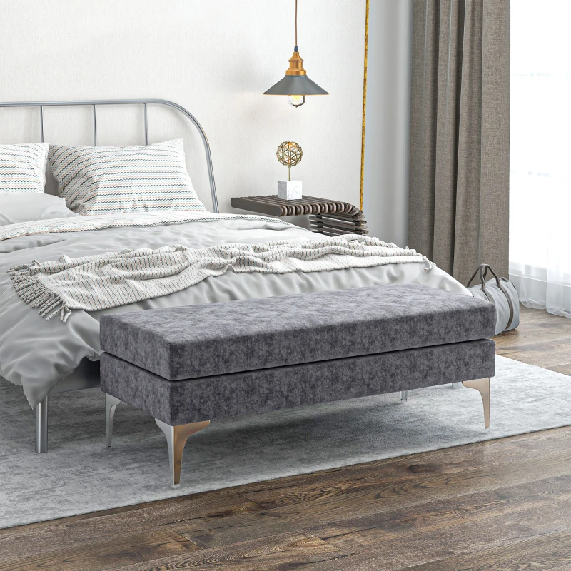 HOMCOM 48 Inches Upholstered Bedroom Bench, Modern End of Bed Bench with Double Layer Seat Cushions and Steel Legs, Dark Gray