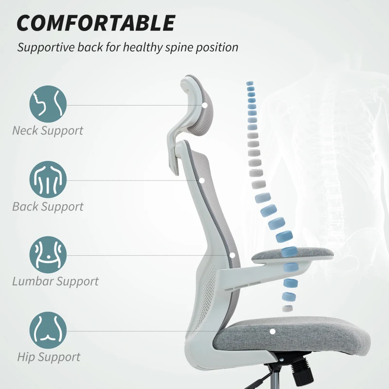 HOMCOM Ergonomic Office Chair, Swivel Desk Chair with Adjustable Lumbar Support, Headrest and Height, Flip-up Armrests, Grey