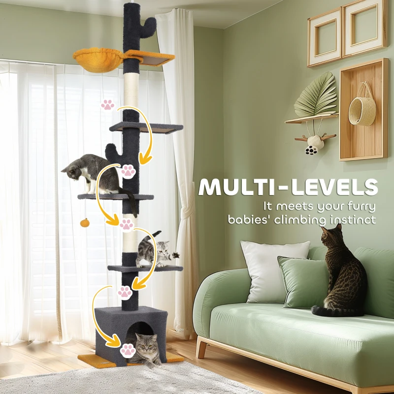 PawHut Floor to Ceiling Cat TreeTower with 90.5"-108" Adjustable Height, Scratching Posts, Hammock, Condo, Toy Ball, Dark Grey