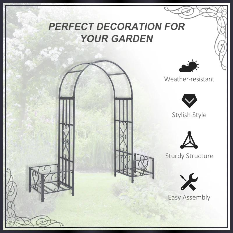 Outsunny 6.7' Steel Garden Arch Arbor with Scrollwork Hearts, Planter Boxes for Climbing Vines, Ceremony, Weddings, Party, Backyard, Lawn, Gray