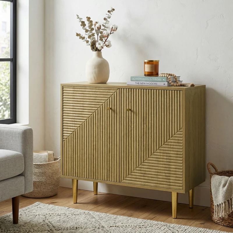 HOMCOM Sideboard with Adjustable Shelf, Buffet Cabinet with 2 Doors and Gold Steel Legs for Dining Room, Oak