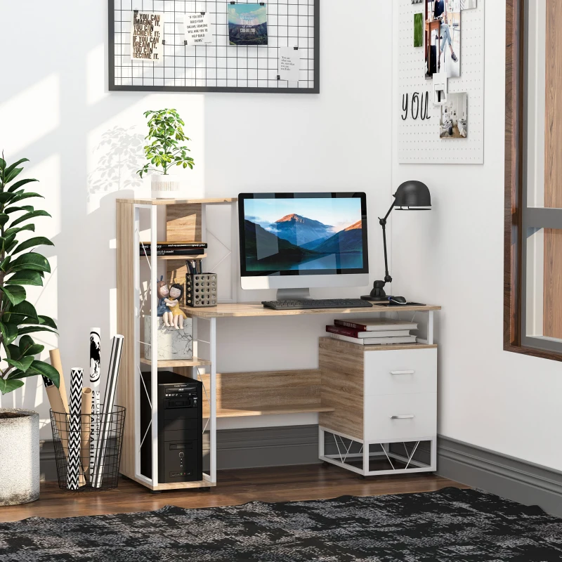 HOMCOM 52" Modern Computer Desk with Storage Shelves and Drawers, Home Office Desk, Study Workstation with CPU Stand, Oak