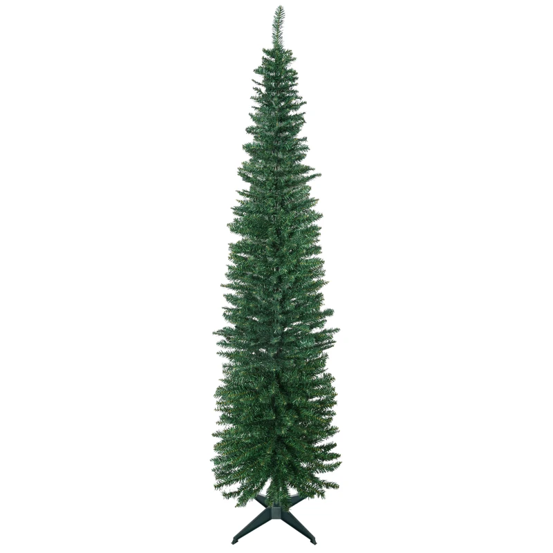 HOMCOM 7ft Unlit Pencil Artificial Christmas Tree with Realistic Branches and 499 Tips, Plastic Base, Green